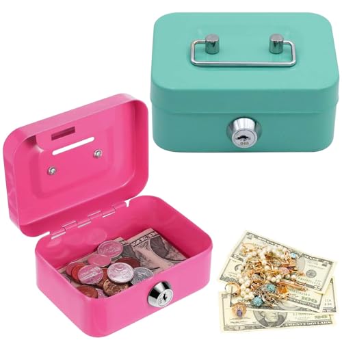 Lot de 2 petites caissettes à monnaie 11,5 x 8,5 x 5 cm - Petit coffre-fort pour enfants - Avec 2 clés - Verrouillable - Convient pour coffre-fort, caisse à pourboires et caisse à monnaie (vert + rose