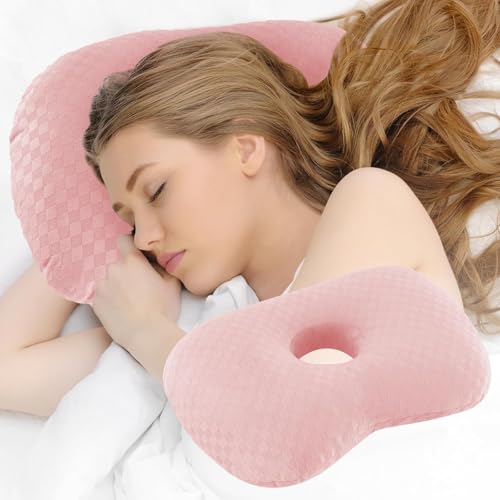 Ear Piercing Pillow with an Ear Hole, Cotton and Polyester Side Sleeping Pillow for CNH and Ear Pain Ear Inflammation Pressure Sores for Side Sleepers, Ear Guard Pillow (Light Pink)