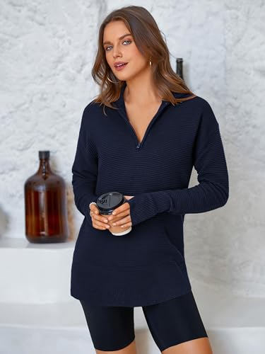 Image of PRETTYGARDEN Womens Long Sleeve Quarter Zip Pullover Sweater | Casual Loose V Neck Sweaters with Thumb Hole, Collared Ribbed Knit Jumper Tops, Oversized Tunic Tops, Fall Outfits 2026