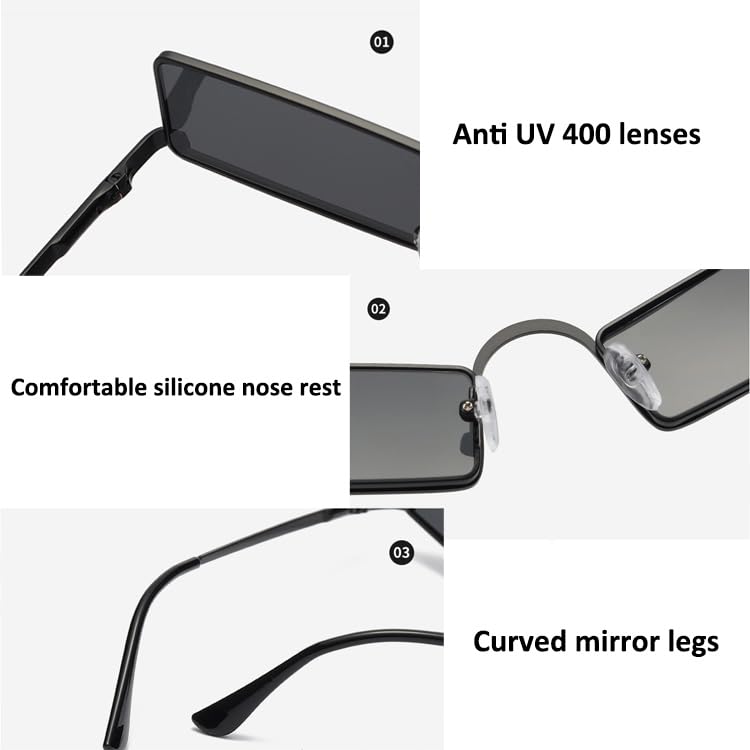bullabulling Vintage Metal Rectangle Skinny Sunglasses for Women Men, Retro Small Thin Sunglasses, Curved Sunglasses4