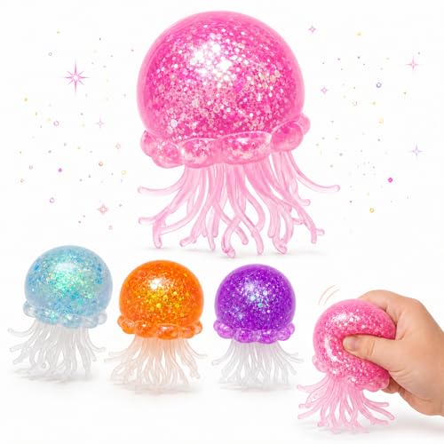 AR Trading Glitter Jellyfish Squishy Fidget Toy Super Solid Squish Stress Ball for Kids & Adults Sensory Anxiety Relief Toy with Wiggly Tentacles 2.1 Inch 1 Pcs (Pink)