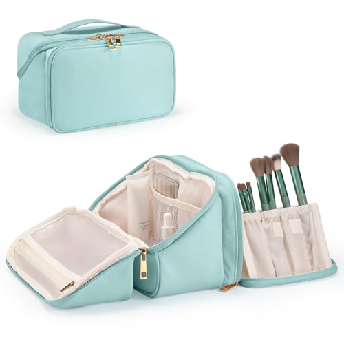 Travel Makeup Bag for Women, Large Capacity Cosmetic Organizer & Toiletry Bag with Wide-Open Design, with Brush Holders & Compartments, Waterproof Case for Makeup & Skincare, Blue by HauteHues - Used condition - CA$26.22