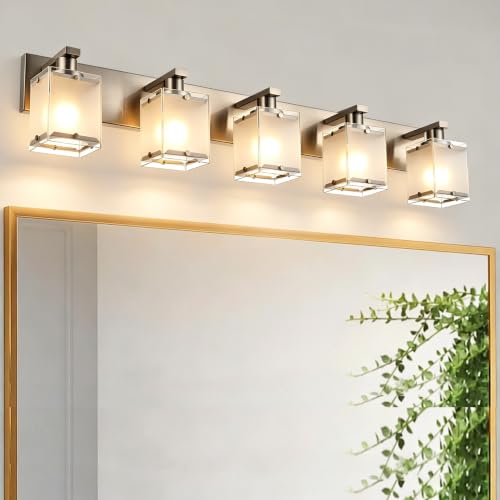 Image of 5-Light Bathroom Vanity Light Fixtures, Modern Brushed Nickel Vanity Lights Over Mirror with Frosted Glass Shades, Rust-Proof Bathroom Wall Sconces for Bathroom Lighting, E26 Base