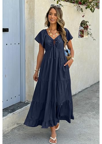 ECOWISH Womens Summer Maxi Dress 2025 Flutter Short Sleeve V Neck Tie Front Wedding Guest Vacation Tiered Flowy Dresses2
