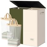 145L Laundry Basket 2 Compartments Washing Basket with Lid and Laundry Bags, Large Storage Baskets Clothes Hamper for Sorting, Collapsible Laundry Bin for Bedroom Bathroom Dorm, Green & Moon White