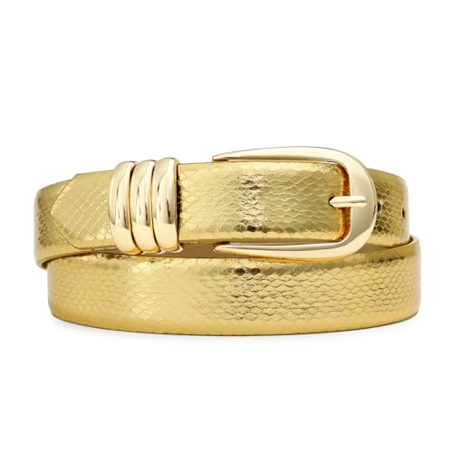 Gold Leather Belt for Women Metallic Shiny with Gold Buckle for Evening Dresses Formal Events
