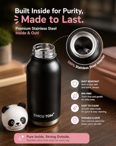 Image of 480ml Stainless Steel Sipper Water Bottle with Straw | Leakproof Animal Sipper Bottle | Reusable Drinking Bottle for School, Travel & Daily Use (Panda)