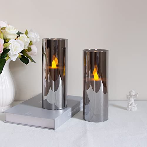 Yeelida 3"X8" Led Grey Galss Pillar Candles With Remote Control,Battery Operated Flameless 2/4/6/8H-Timer Flickering Set Of 2 Real Wax Candles For Home Decor (Lasting 500+ Hours,Adjustable Brightness) #TOP5