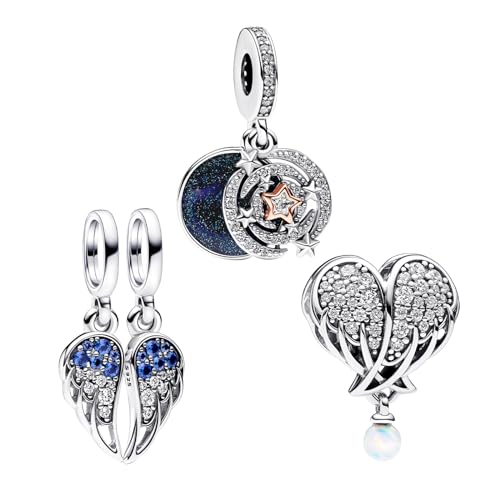 H.ZHENYUE Ciondolo in Argento Sterling 925 Charm Bead Shooting Star Wings Heart con Zirconia,3 confezioni Compatibile Bracciale Collane Europei,festa della mamma,compleanno,regalo Natale ragazze