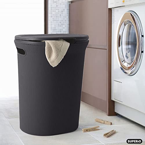 Image of Superio Ribbed Collection - Decorative Plastic Laundry Hamper with Lid and Cut-Out Handles, Brown (2 Pack) Basket Organzier for Bedroom Bathroom College Dorm Room 40 Liter