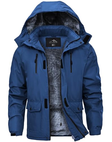 Tansozer Veste de Travail pour Homme Hiver Imperméable Blouson Snowboard Doublé Polaire Anorak Thermo Jacke Randonnée Pêche, Bleu Denim, XXL