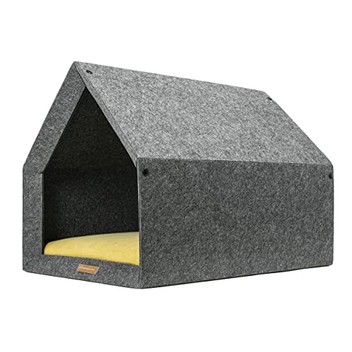 Rexproduct - PetHome Hundehütte mit Liegefläche und Dach I Biss- und Kratzfest I Gute Schalldämmung I Umweltfreundlich & Einfach zu Montieren I Größe S (60x42x43 cm) - Dunkelgrau und Gelb