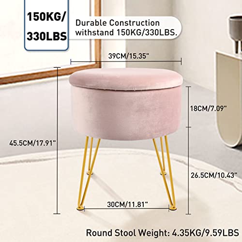 Dearyou Velvet Round Ottoman Footstool With Gold Metal Legs,Stool With Storage For Vanity,Coffee Table Top Cover,Velvet Dressing Table Seat For Living Room,Bedroom,Removable Seat Lid (Pink) #TOP1
