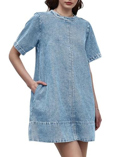 Image of LifeShe Denim Dress for Women Summer Casual Short Sleeve Chambray Mini Jean Dresses with Pockets