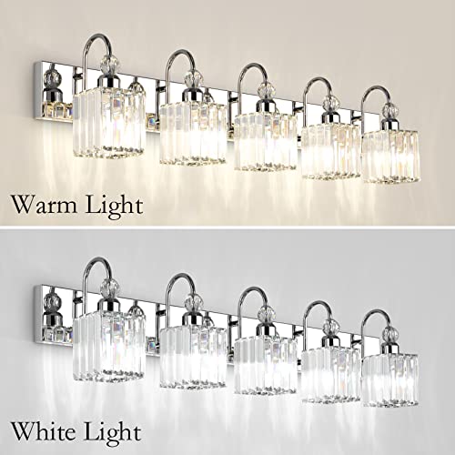 Image of Ralbay Chrome Crystal Vanity Lights 5-Lights 40'' Modern Crystal Bathroom Light Fixtures Modern Crystal Vanity Lighting Over Long Mirror Bathroom Wall Lighting Fixtures