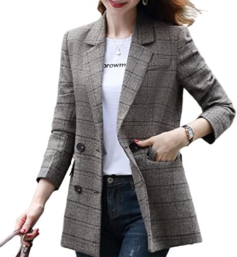 Women Classic Plaid Wool Blend Blazer Jacket Lapel 2 Button Overs...