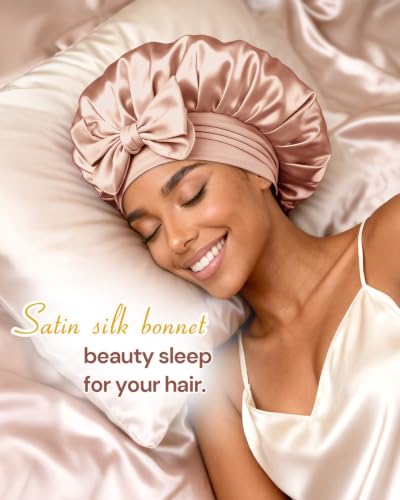 Image of BONNET QUEEN Double Layer Silk Bonnet for Sleeping for Women Satin Lined Bonnet Night Cap for Curly Hair with Tie Band,Champagne