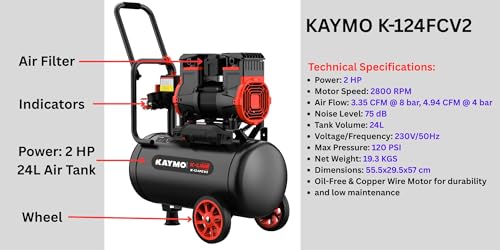 Image of Kaymo K-124FCV2 Air Compressor | 2 HP, 24L Oil-Free | 2800 RPM Copper Motor | High Flow, Low Noise, Portable with Trolley Handle | Ideal for Pneumatic Tools, Spray Painting & DIY Applications