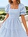 ZESICA Women's 2026 Bohemian Summer Plaid Square Neck Puff Sleeve Ruffle Flowy Beach Midi Dress LightBlue Small