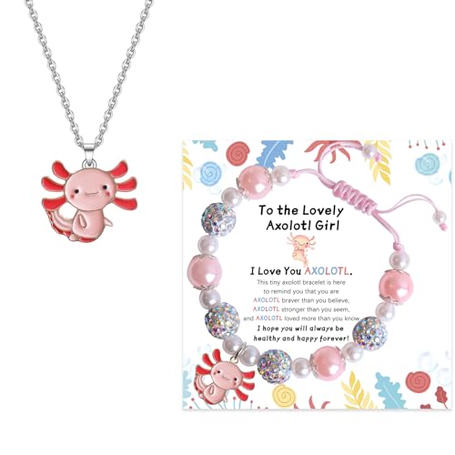 Kawaii Axolotl Bracelet/Necklace Cute Axolotl Stuff Birthday Christmas Jewelry Gifts for Gir Daughter Granddaughter Niece (Axolotl Set)