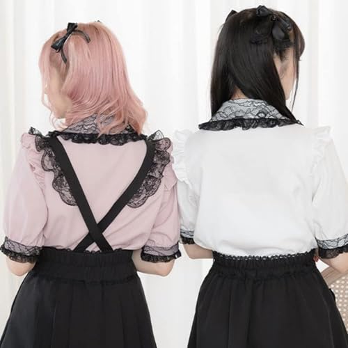 Pokn Lolita Fashion Jirai Kei Fashion Women Lolita Blouse Lace Short Puff Sleeve Shirt Gothic Kawaii Ruffle Top with Bow2