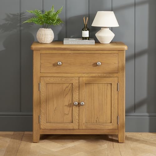 The Furniture Market Cotswold Rustic Smoked Oak Sideboard with Large Drawer & Cupboard, Adjustable Shelf, Dovetail Drawers, Country Style, Solid Oak, Home Storage - H 800mm x W 800mm x D 320mm