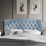Castle Place Full Crystal Diamond Button Tufted Velvet Upholstered Adjustable Headboard, Light Blue