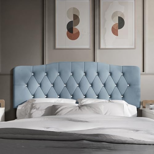 Castle Place Twin Crystal Diamond Button Tufted Velvet Upholstered Adjustable Headboard, Light Blue