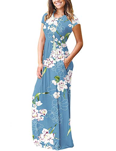 Image of MISFAY Women's Short Sleeve Maxi Dresses Long Casual Dresses with Pockets | Empire Elastic Waist, Crew Neck, Floor Length, Strentchy Flowy A Line Fit, Loose Plain Summer Outfits, Vacation Wear