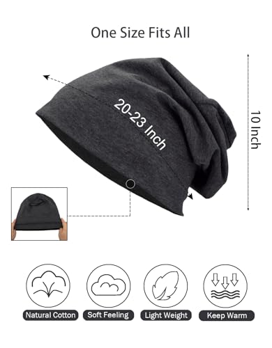 JHYWELL Cotton Beanie Hat Slouchy Jersey Soft Hats Skull Caps Lightweight Sleep Cap Running Beanies Light Weight Chemo Hat for Men and Women (Black & Heather Grey)