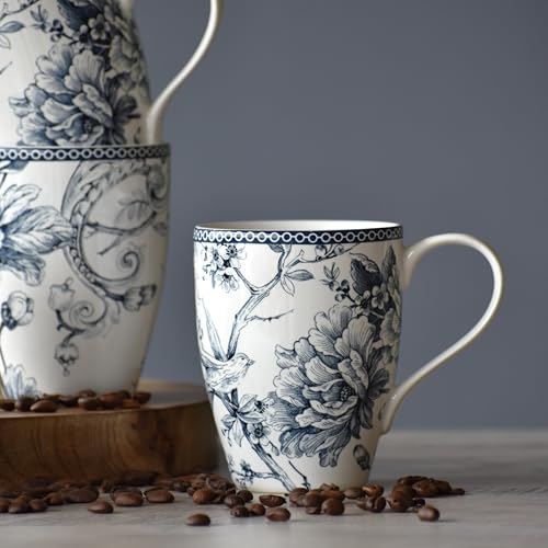 Image of Devnow Adelaide Blue Porcelain Mug Set of 4 - 280ml | Blue Floral Printed Tea & Coffee Mugs | Microwave & Dishwasher Safe | Elegant Gift Set | Premium Daily Use Ceramic Cups
