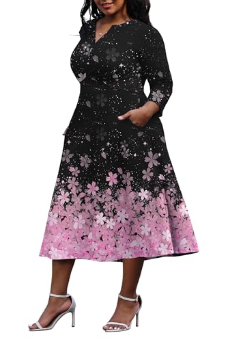 Image of Nmoder Women's Plus Size Stretchy Flared Wrap Dress Casual Wedding Guest Midi Dresses V Neck 3 /4 Sleeve A-Line Swing Dress