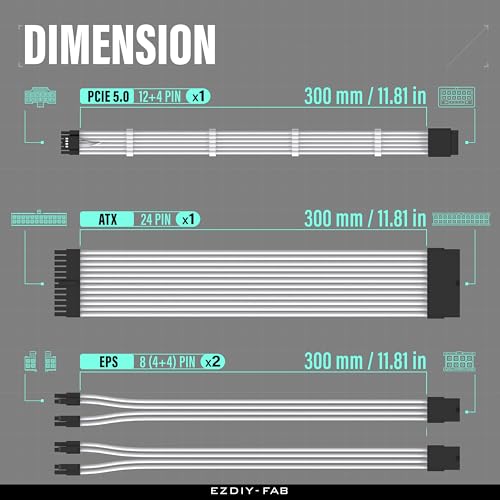 Image of EZDIY-FAB 12VHPWR PSU Cable Extension Kit for RTX 50 /40 Series,16AWG PCIE 5.0 Power Supply Cable Extension- 1x 24 Pin ATX /2X 8Pin (4+4) EPS / 1x12+4 Pin GPU,Sleeve Cable 300MM with Combs-White