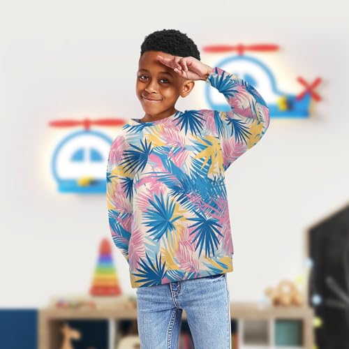 JUNZAN Palm Leaves Beige and Blue Big Boys Hooded Sweatshirt Crewneck Hoodies for Girls Sports 4T4