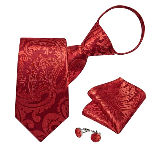 Image of DiBanGu Silk Zipper Ties for Men,Paisley Solid Plaid Pre-tied Tie and Pocket Square Cufflinks Set Formal Adjustable Necktie