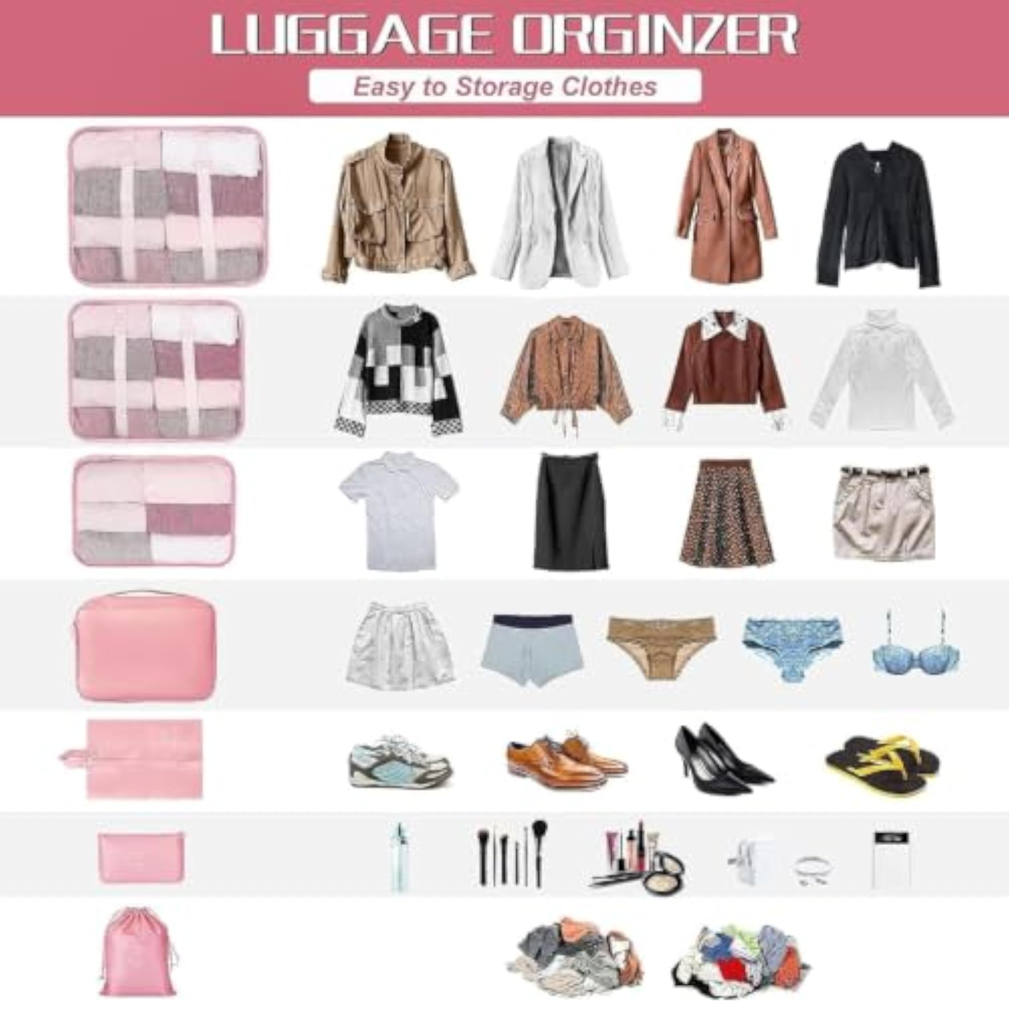 7 Pcs Travel Packing Organizer Set, Pink
