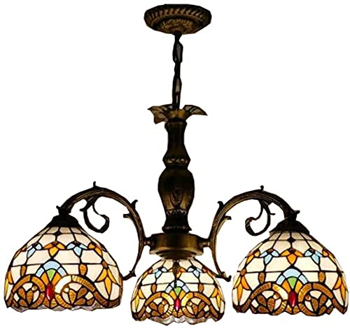 Lustre style vintage à 3 têtes avec abat-jour 20 cm en vitrail coloré