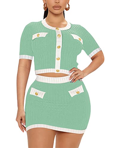 2 Piece Skirt Outfits for Women Summer Short Sleeve Button Decorative Crop Top Sexy Bodycon Mini Elegant Dress Party Club Night