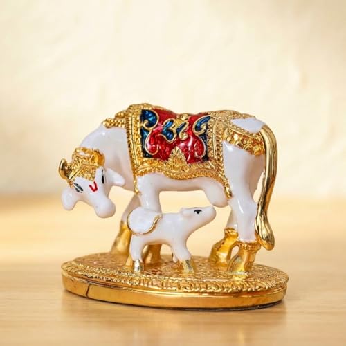 Image of Resin Kamdhenu Cow with Calf Statue for Vastu & Good Luck Show Piece | Idol for Home Decor & Housewarming & Wedding Return Gift (3 Inches) (White)