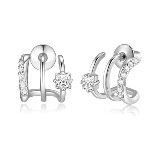 Obidos 14K Gold Plated Illusion Stud Earrings for Women | Triple Huggie Hoop Earrings for One Hole| Trendy Simple Hypoallergenic Fashion Accessories Gold Jewelry Gifts for Womens (White Gold)