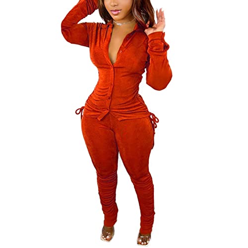 Kansoon Tracksuit For Women Set 2 Piece Outfit Ruched Button Down Shirt And Jogging Pants Sweatsuit Orange Red L #TOP24
