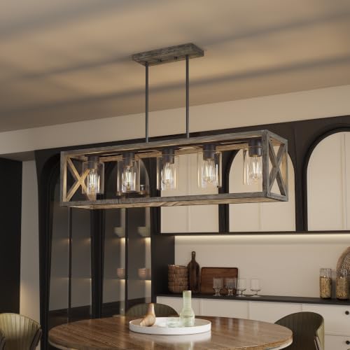 Dining Room Light Fixture, 5 Light, Natural Wood, Adjustable, Rectangle