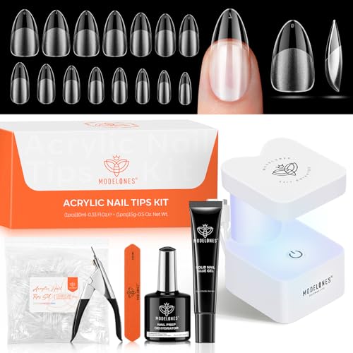 Image of modelones X Nail Gel Kit , Solid Glue Prep Dehydrator UV Light Clipper | 510Pcs Nail Tips Almond Upgrade 15Sizes Medium Almond Press on Tips Etch for Easy Extension DIY Women Gift