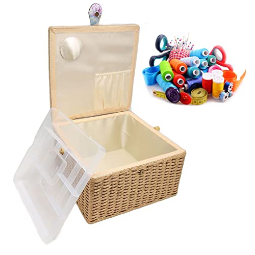 Sewing Basket, Extra Large Capacity Sewing Kit Storage Box Dual Layer Vintage Spools Handmade Sewing Basket with Removable Tray for Needles, Thread, Tape Measure, Thimbles