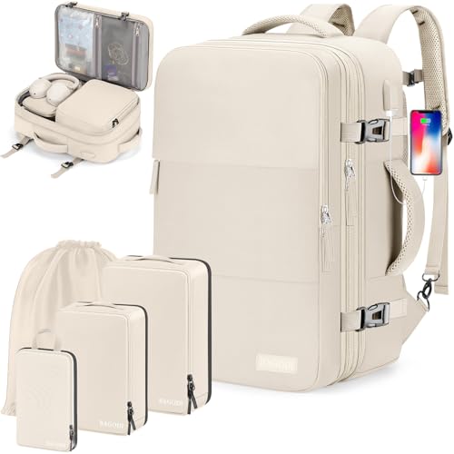 BAGODI Carry On Backpack, 40L Flight Approved Travel Backpack for Men Women,Airline Approved Gym backpack Waterproof Business Laptop Daypack (Beige (Backpack With 4 Packing Cubes))