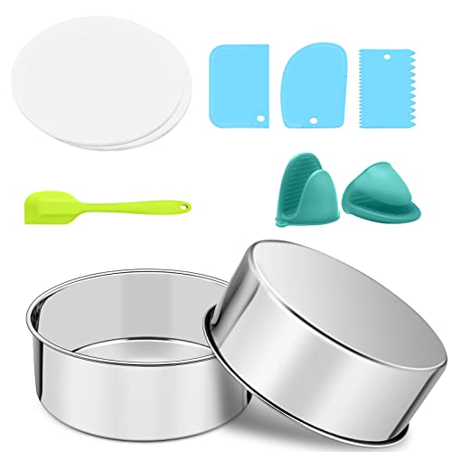 Teamfar Cake Pan, 2 Pcs 8X3 Inch Round Cake Pan, Stainless Steel Deep Layer Cake Pans With 60 Pcs Parchment Papers, 3 Pcs Cake Smoother Scrapers & Silicone Spatula & Mitts, Healthy & Practical #TOP13