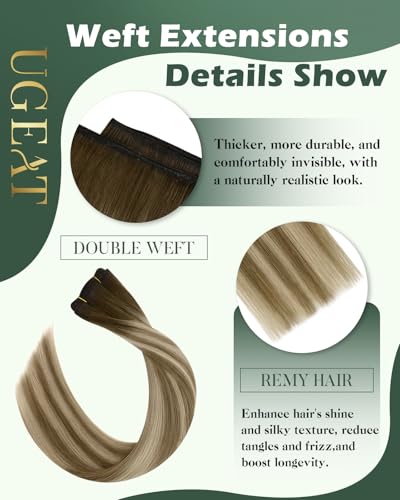 Image of Ugeat Weft Hair Extensions Human Hair, Human Hair Sew in Extensions 20 Inch 100g, Sew in Extensions Double Weft, Dark Brown Balayage Light Brown Mix Medium Blonde
