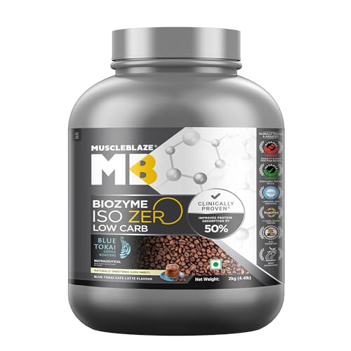Image of MuscleBlaze Biozyme Iso-Zero, Low Carb Whey Protein Isolate Powder, Blue Tokai Cafe Latte (2kg / 4.4lbs) | 27g Isolate Whey Per Scoop | USA Patent-Published Enhanced Absorption Formula (EAF)