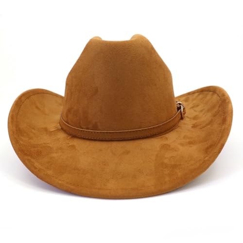 Image of Cowboy Hat Cowgirl Hat Men's & Women's Wide Brim Felt Fedora Hat with Buckle Belt Western Cowboy Hat for Women