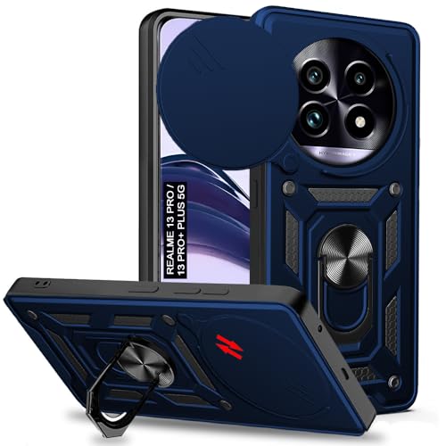 Image of AESTMO Tough Armor Compatible with Realme 13 Pro / 13 Pro Plus 5G Bumper Back Case Cover | Ring Holder & Sliding Camera Shield Cover | 360 Degree Protection Back Case Cover (Blue)